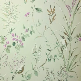 Crown Mariko Floral Treebird Mint/Plum Metallic Wallpaper - M1552
