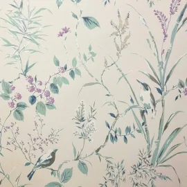 Crown Mariko Floral Treebird Teal/Plum Metallic Wallpaper - M1554