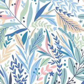 Origin Patterned Leaves Washed Denim Wall Mural - MUR104