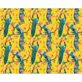 Origin Flowery Peacocks Yellow Wall Mural - MUR294