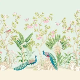 Origin Peacock Garden Duck Egg/Rose Wall Mural - MUR437