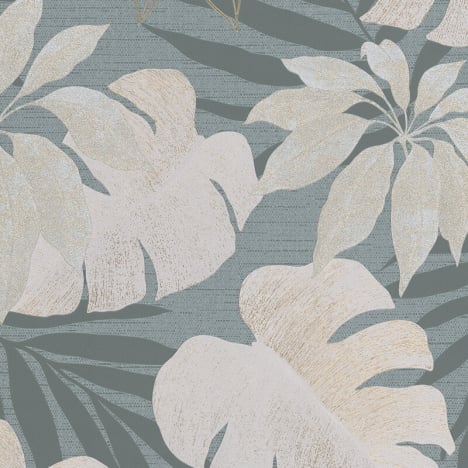 Galerie Avalon Tropical Leaves Silver Blue/Gold Metallic Wallpaper - 31601