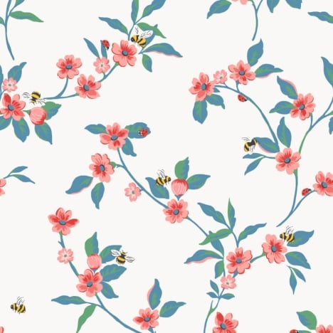 Cath Kidston Greenwich Flowers & Bees Cream/Red Wallpaper - 182511