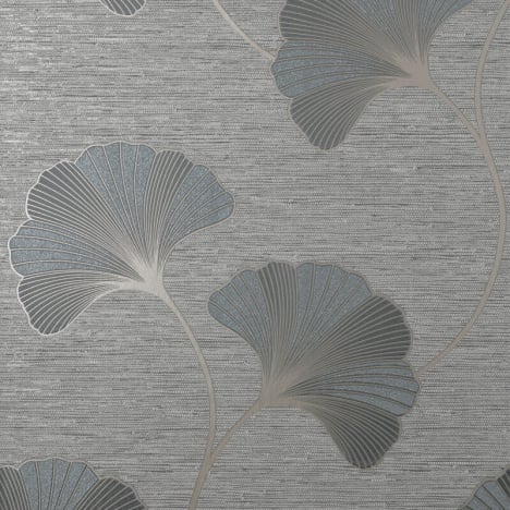 Fine Decor Miya Ginkgo Floral Grey Metallic Wallpaper - FD43149