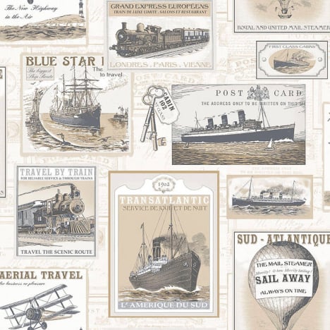 Galerie Nostalgie Travel Postcards Beige/Grey Wallpaper - G56145