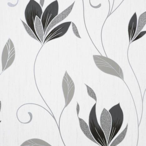 Crown Synergy Floral Black/Silver Glitter Wallpaper - M1719